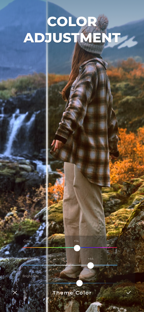 LUMINS - Light Photo Editor - A split screen showing before and after color adjustment on a landscape photo with editing sliders