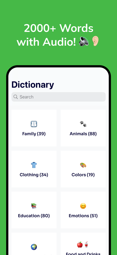 Morolingo: Darija & Amazigh - Morolingo app dictionary interface displaying vocabulary categories like family and animals with audio support for learning Darija