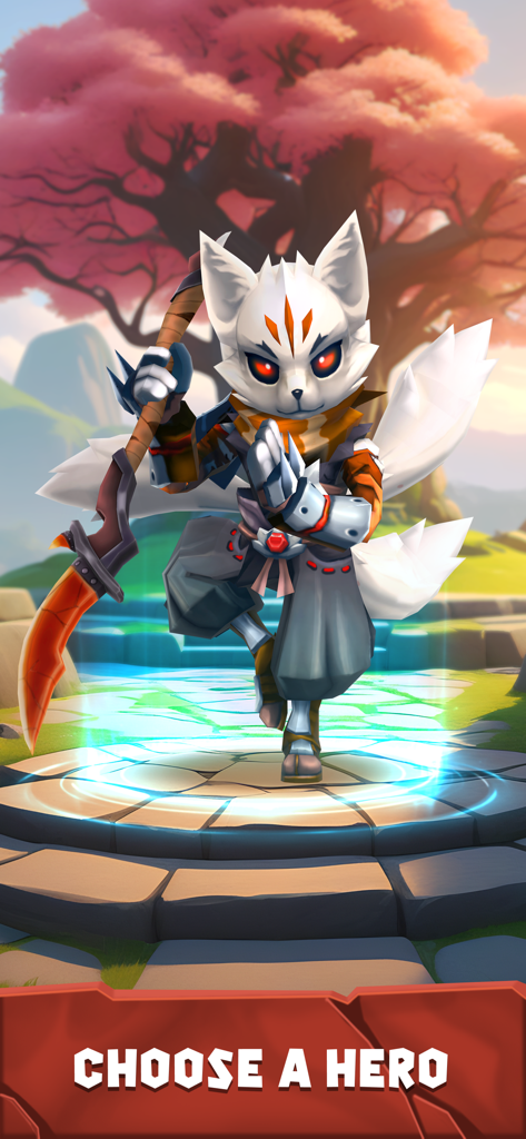 Combat Quest: Idle Dungeon RPG - Combat Questのキャラクター選択画面でポールアームを持った白いキツネの戦士ヒーロー