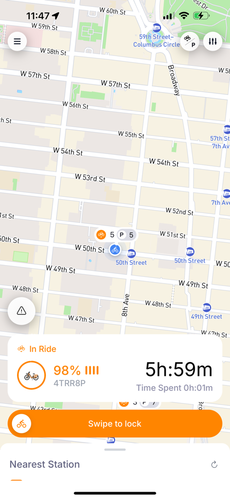 JOCO app showing an active e-bike delivery ride with 98 percent battery and a map of New York City