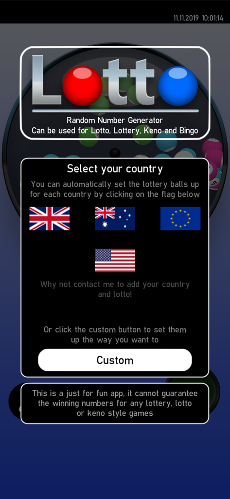 Lotto 3D app country selection screen with international flags for lottery number generation