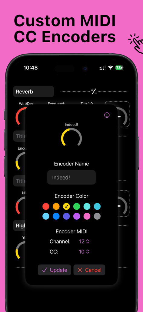 7III Tap: Live MIDI Controller - Interface for customizing MIDI CC encoders with name color and channel settings in 7III Tap
