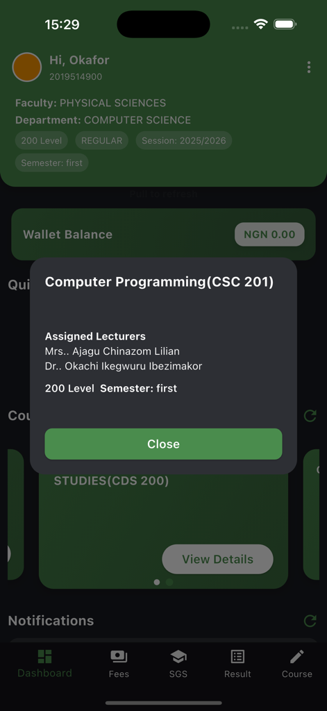 COOU Portal - COOU Portal app displaying course information and assigned lecturers on the student dashboard