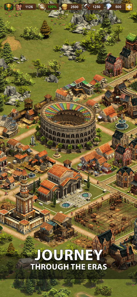 Forge of Empires: Build a City - Un layout di città storica in Forge of Empires con un grande colosseo e architettura classica.