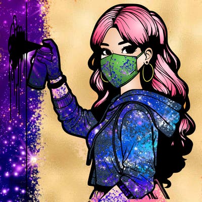 realistic girl with mask spray painting a wall