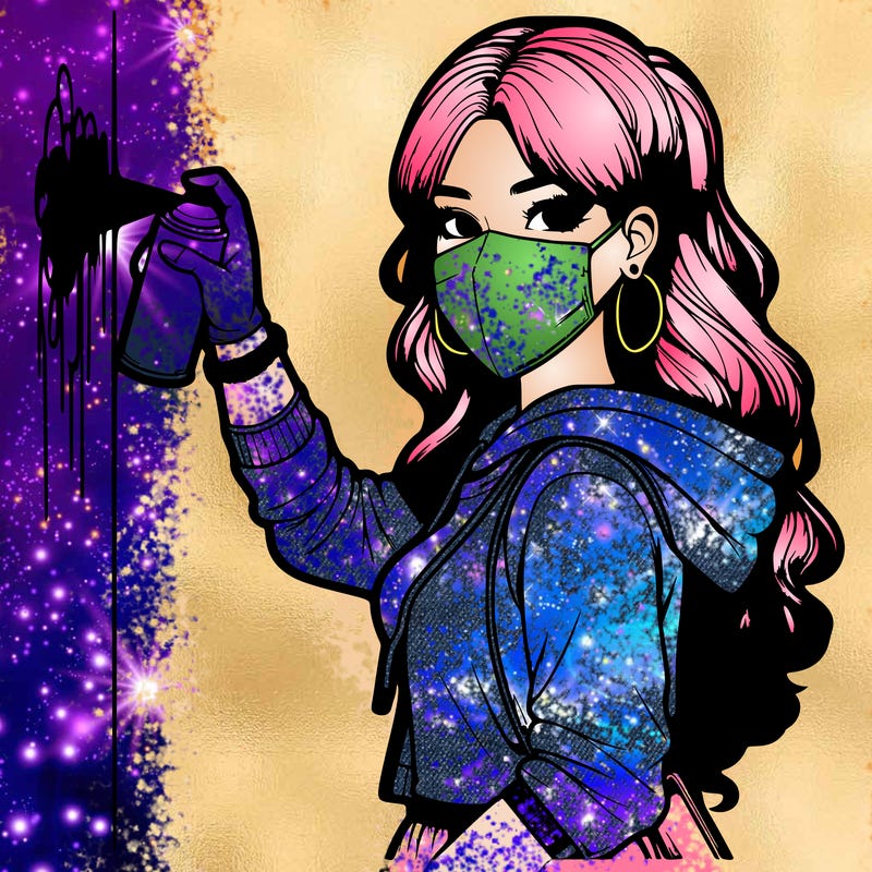 realistic girl with mask spray painting a wall