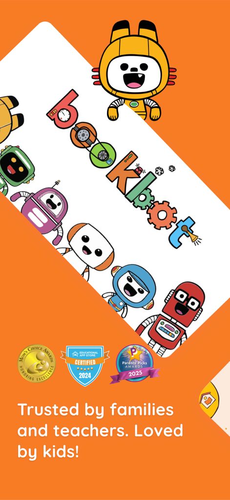 Bookbot phonics reading app interface featuring colorful robots and educational award badges for kids literacy