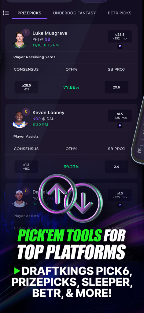 Sharp App: Sports Betting - Interfaz de las herramientas de Pick'em de Sharp App mostrando datos de pronósticos de jugadores y porcentajes de consenso para PrizePicks y DraftKings.