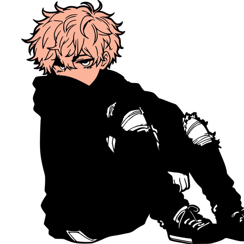 a male hoddie ripped jeans messy hair anime