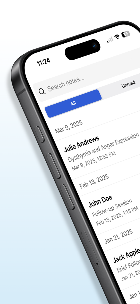 Twofold app interface showing a list of patient clinical notes and session details