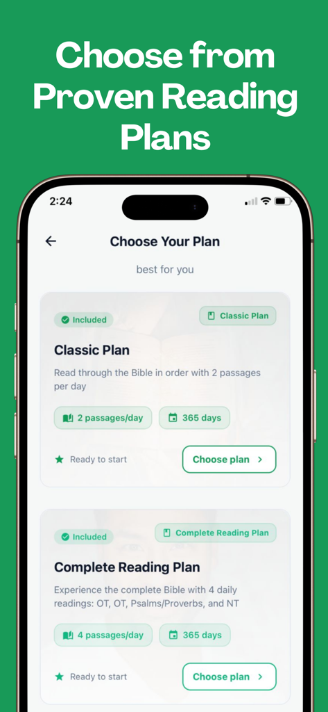 The Bible in a Year – 365 Plan - Mobile app screen showing various 365 day Bible reading plans like Classic and Complete.