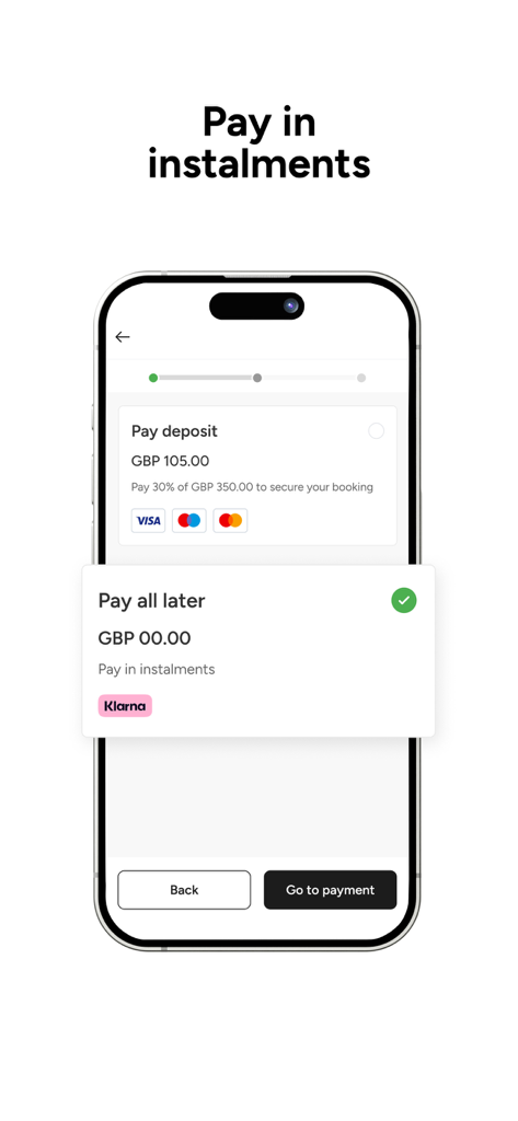 inckd. - Inckd app payment interface showing options to pay a deposit or use Klarna financing for tattoo installments
