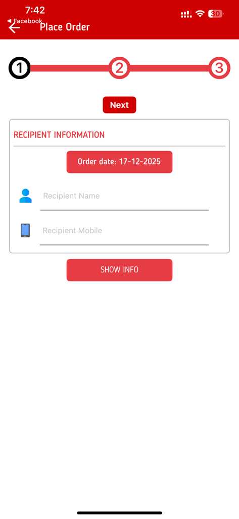 La pantalla de ingreso de información del destinatario para realizar un nuevo pedido en la aplicación Fast Drop Shipper.