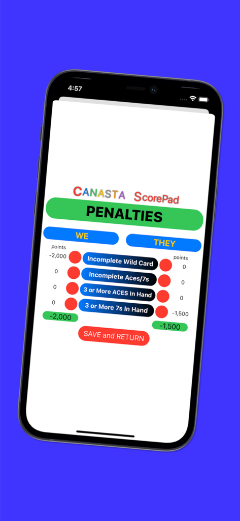 Canasta ScorePad - Canasta ScorePad interface for tracking in game penalty points