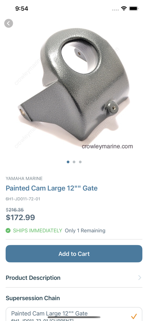 Crowley Marine - Yamaha Marine Painted Cam Large 12 inch Gate product listing with price and add to cart button in the Crowley Marine mobile app