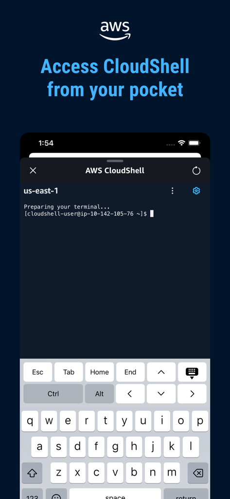 AWS Console Mobile App displaying CloudShell terminal interface on a smartphone with a keyboard for remote command-line access
