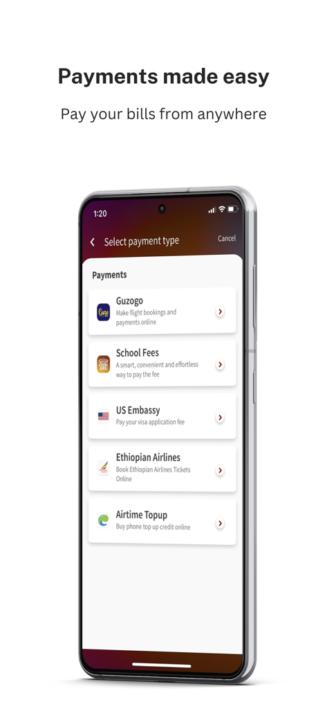 Apollo Digital app interface showing payment options for school fees US Embassy and Ethiopian Airlines