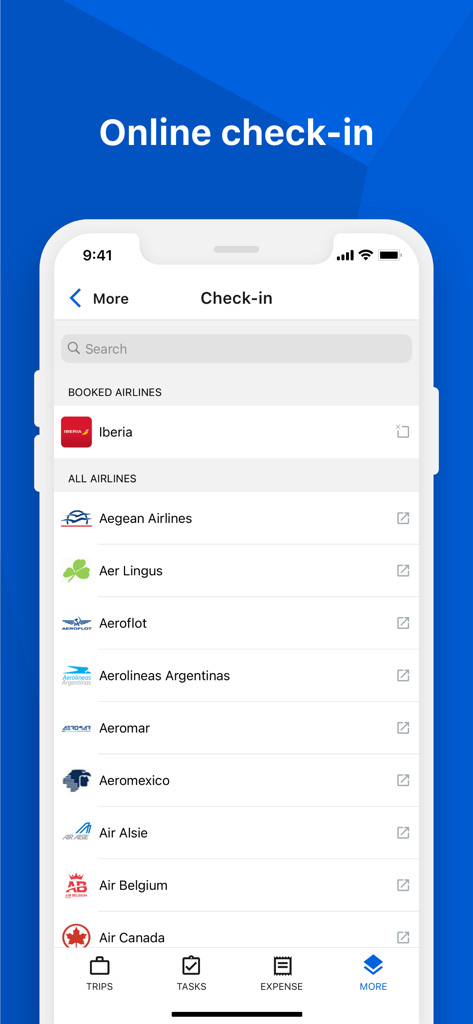 cytric Mobile - Airline online check-in screen on the cytric Mobile app showing a list of supported airlines