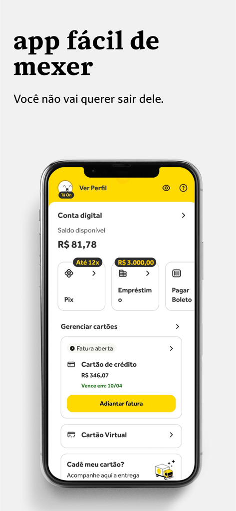 Banco will mobile app dashboard showing digital account balance and credit card management features.