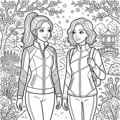 Join two friends on a refreshing spring stroll, dressed in trendy activewear amidst a vibrant park. This delightful coloring page captures the essence of renewal with blooming flowers and picturesque scenery.