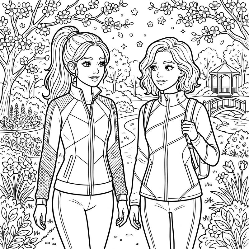 Join two friends on a refreshing spring stroll, dressed in trendy activewear amidst a vibrant park. This delightful coloring page captures the essence of renewal with blooming flowers and picturesque scenery.