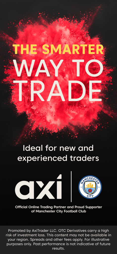 Axi Copy Trading - Axi Copy Trading Werbebildschirm mit der Partnerschaft mit Manchester City und dem Text Der intelligentere Weg zu handeln