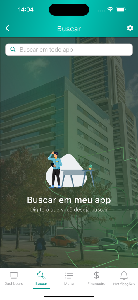 ADMPARANÁ - Search screen of the ADMPARANÁ property management mobile app featuring a search bar and modern building background