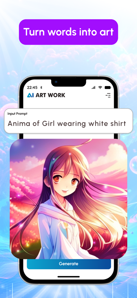 GenAI - AI Art Generator - Aplicativo gerador de arte IA gerando uma personagem de anime a partir de um prompt de texto