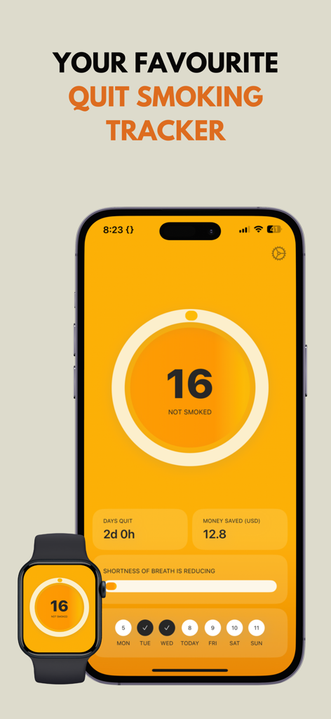 ExSmoke: Quit Smoking Tracker - ExSmoke app dashboard on iPhone and Apple Watch showing cigarettes not smoked and money saved
