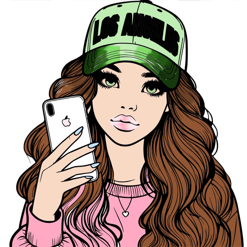 realistic beautiful girl wearing los ángeles cap holding an iphone