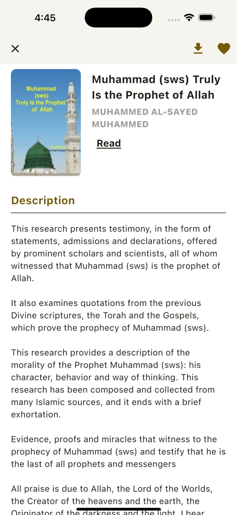 Islamic Books - كتب إسلامية - Book description screen for 'Muhammad (sws) Truly Is the Prophet of Allah' within the Islamic Books app showing a summary and read button.
