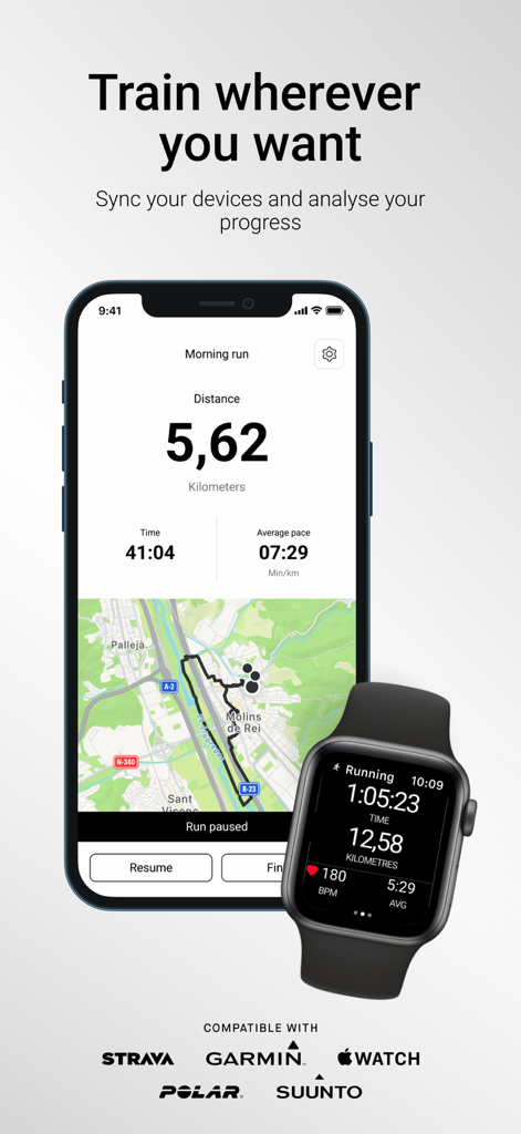 iPhone y Apple Watch mostrando estadísticas de carrera con logotipos de marcas compatibles como Strava y Garmin