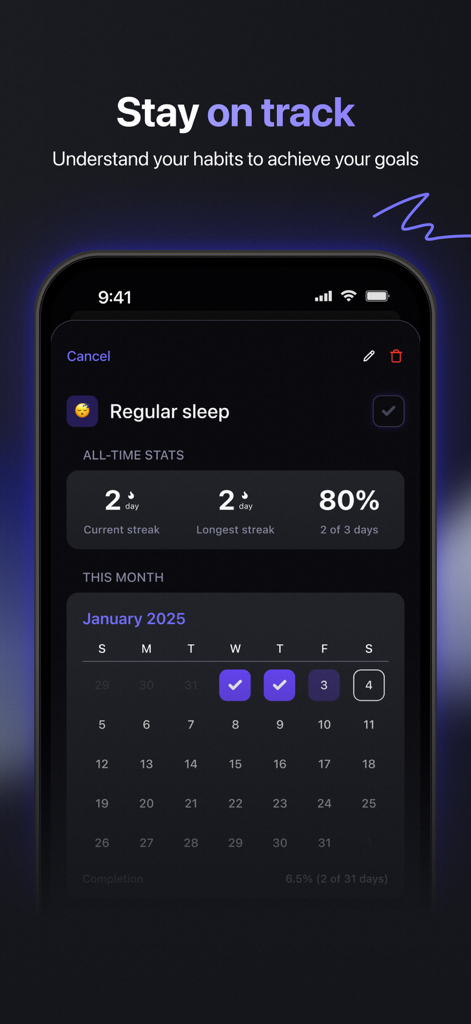 Wisey: Habit Builder - Wisey app interface showing sleep habit statistics and monthly calendar progress.