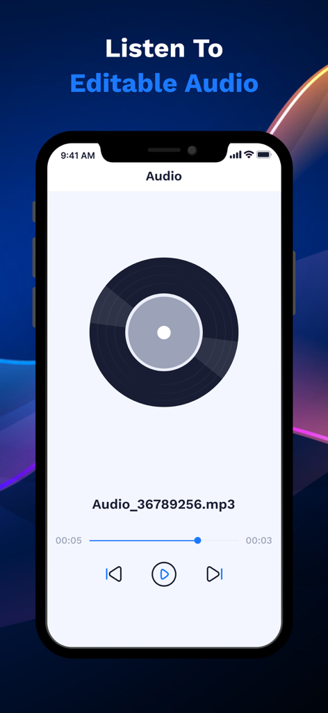 Mobile screen showing an audio playback interface with a vinyl record icon and media controls for an mp3 file.