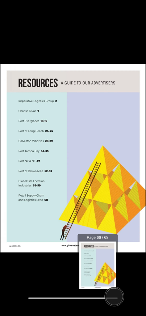 Global Trade Magazine - A resources page in the Global Trade Magazine app listing advertisers and logistics partners.