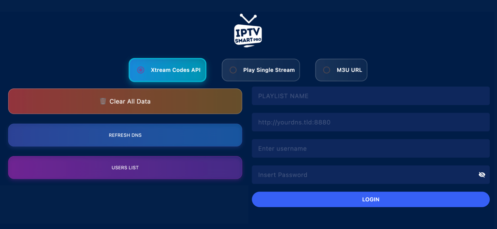 IPTV Smart Pro - Live TV - IPTV Smart Pro Login-Oberfläche mit Xtream Codes API und M3U URL-Konfigurationsoptionen