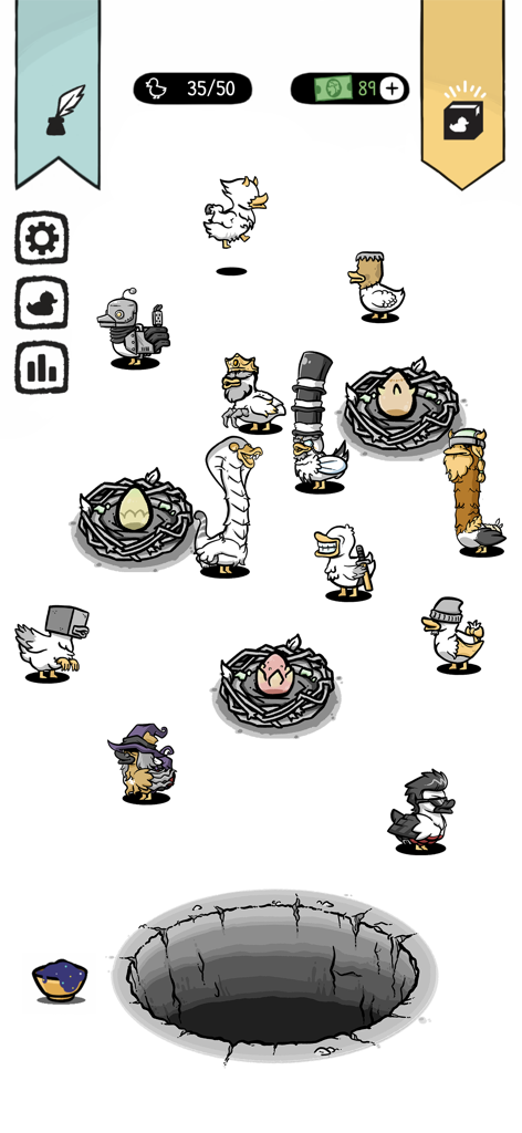 A variety of mutated ducks on a field with nests and a large dark hole in the game Clusterduck