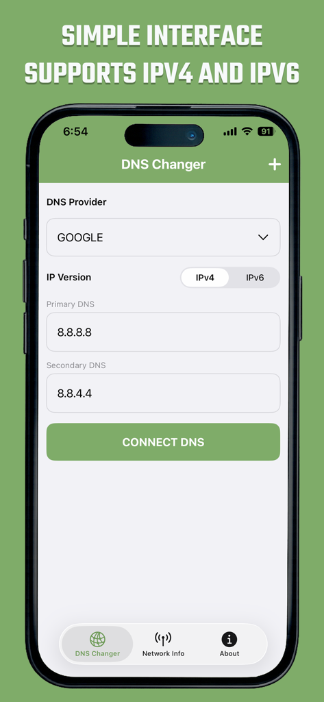 Custom DNS Changer IPV4 & IPV6 - Custom DNS Changer app interface for IPv4 and IPv6 settings