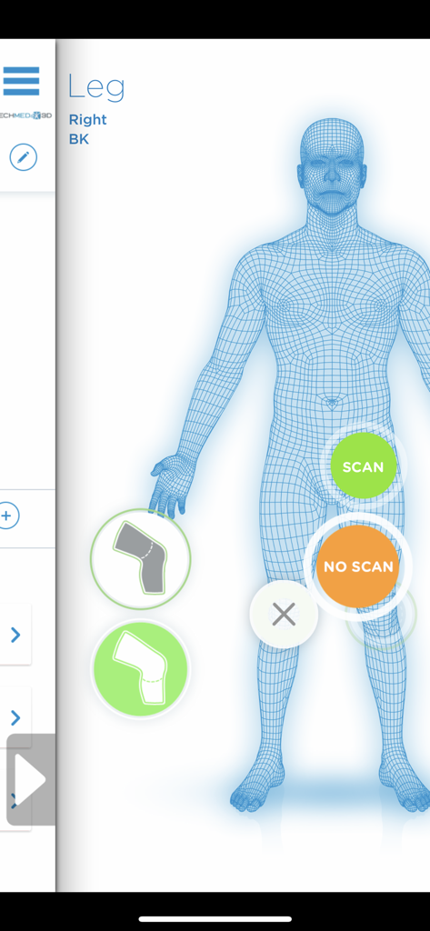OPCenters - Interfaz de la aplicación médica OPCenters que muestra un cuerpo humano en 3D de alambre para la selección de escaneo protésico