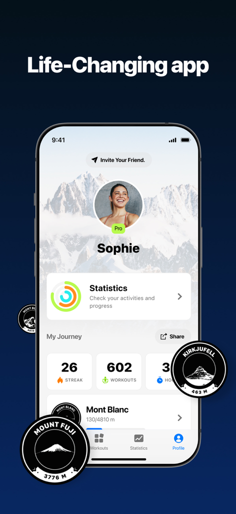 A smartphone showing the Fitify app user profile with workout statistics, streaks, and achievement badges for mountain challenges.
