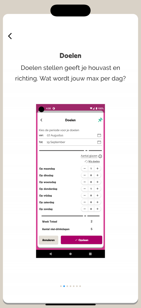 Maxx: grip op alcoholgebruik - Maxx app interface for setting daily and weekly alcohol consumption moderation goals