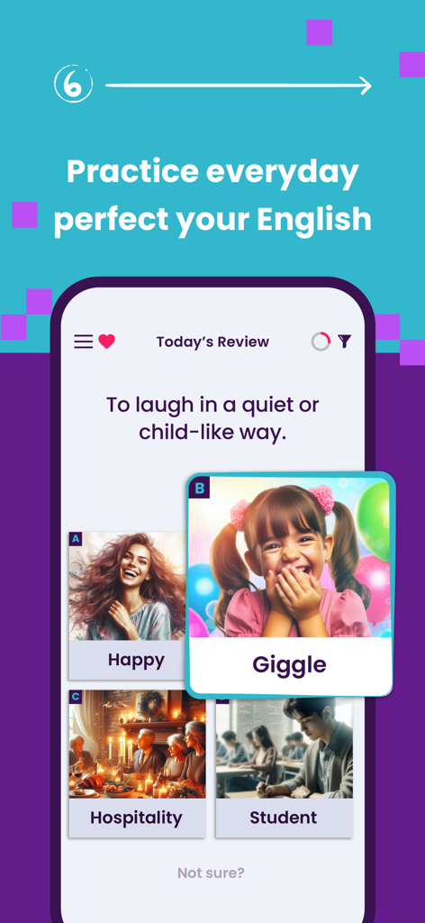 WordUp app interface showing a visual English vocabulary quiz for the word giggle