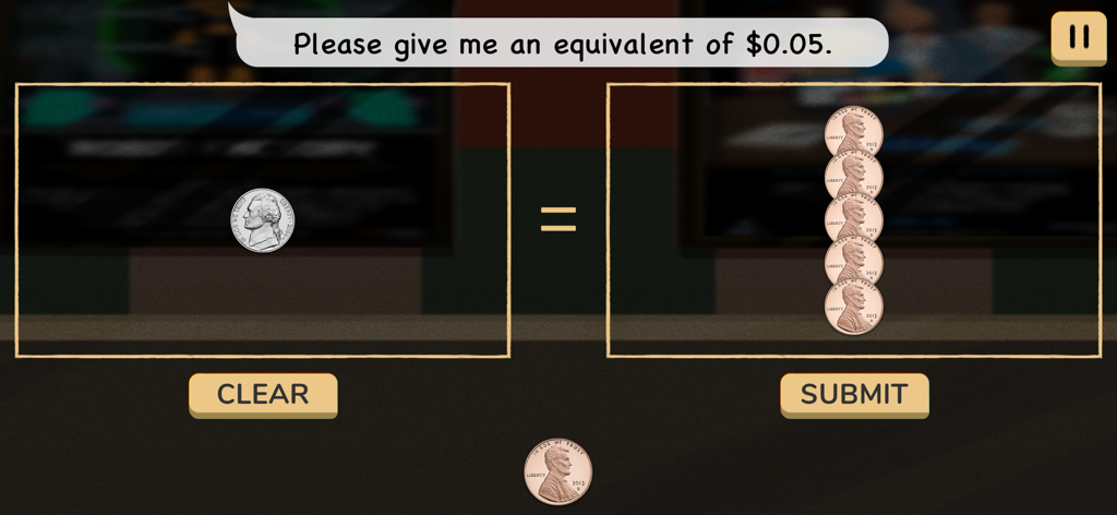 Cash Skills Collection - A educational game screen from Cash Skills Collection showing a nickel as equivalent to five pennies for learning financial literacy.