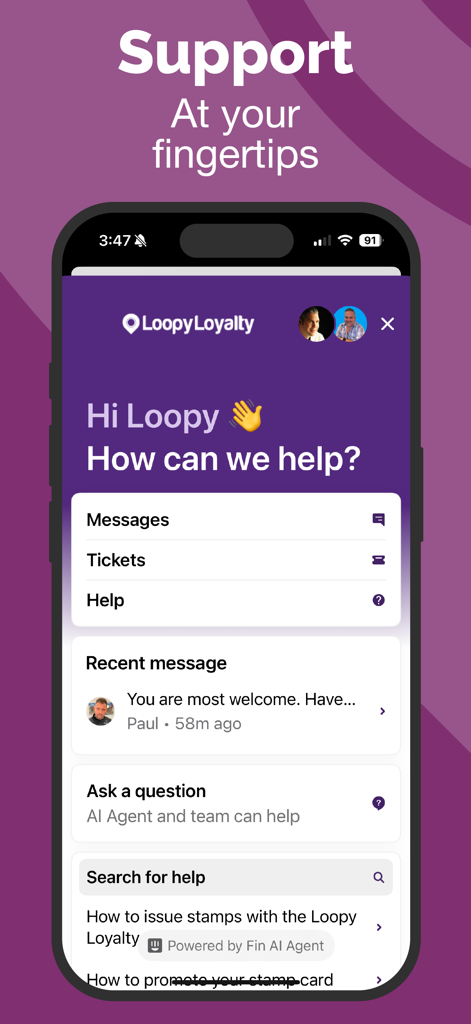 Loopy Loyalty app support interface featuring help messages and AI agent support