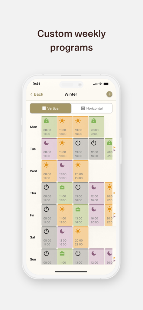 Mill Norway app screen showing a grid for custom weekly heating programs with different modes.