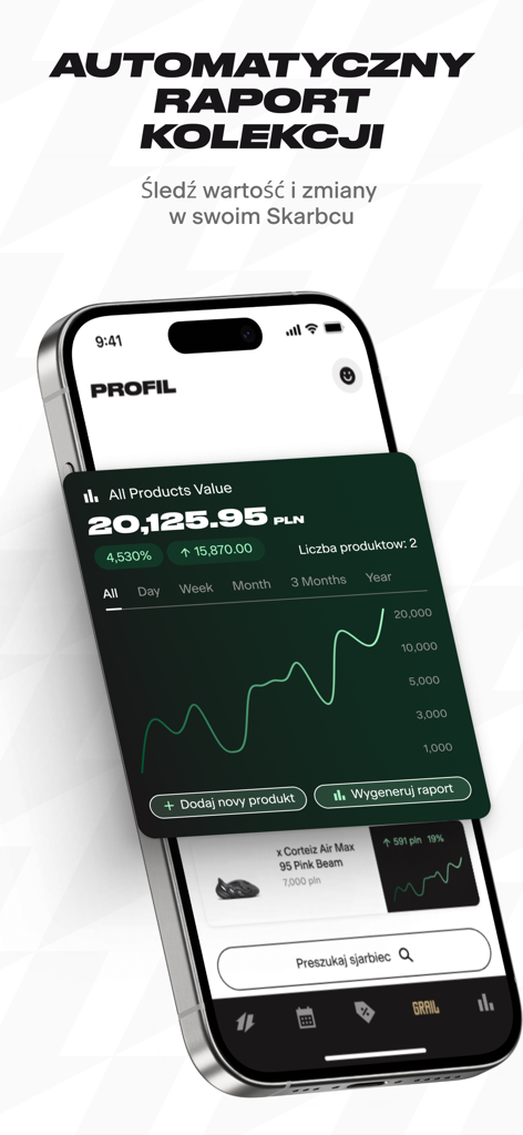 Grailz – Sneakers i Streetwear - Pantalla de la aplicación Grailz mostrando un rastreador de valor de colección de sneakers con un gráfico de línea del crecimiento del portafolio.