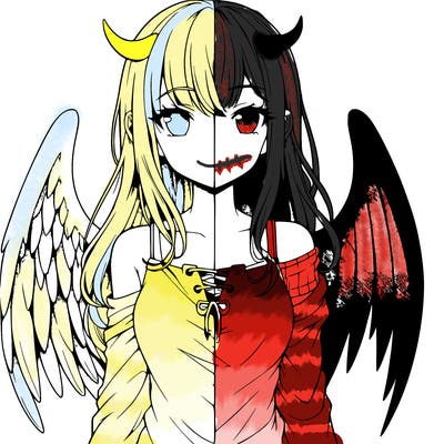 realistic, anime angel, half devil girl