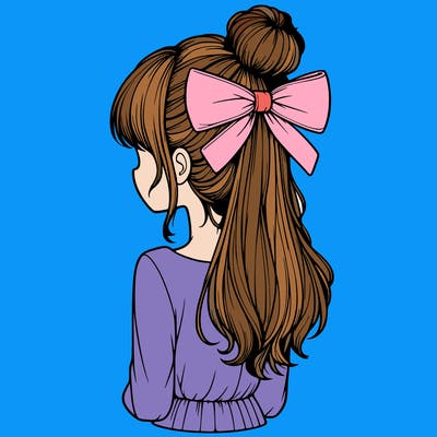 realistic girl  with hip length hair a bun and a big bow on the back of head