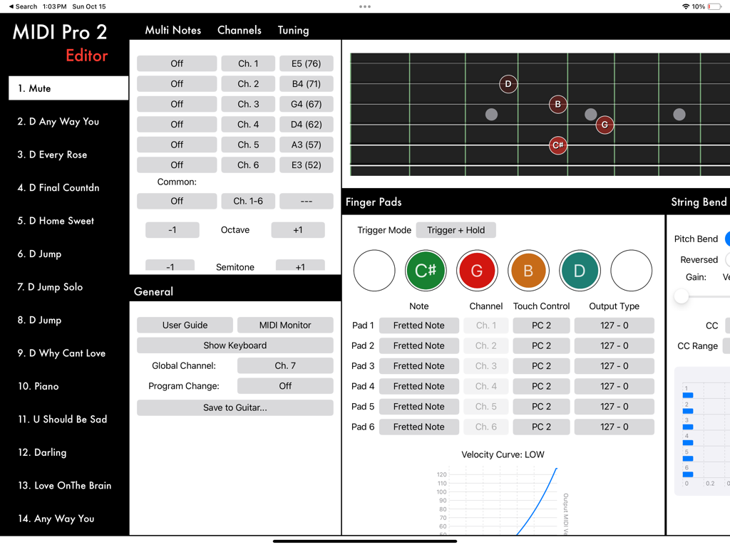 MIDI Pro Editor - Interface of the MIDI Pro Editor app displaying preset lists, MIDI channel settings, and a virtual fretboard visualization.