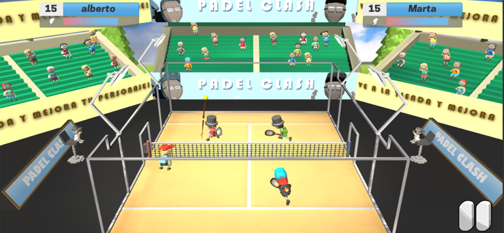 Una vista de jugabilidad 3D desde arriba de un partido de pádel en un estadio colorido y abarrotado